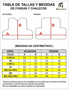 Tabla de tallas y medidas Fundas "GLADIUS"