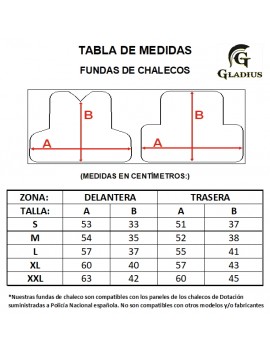 Tabla de tallas Fundas y Chalecos "GLADIUS"